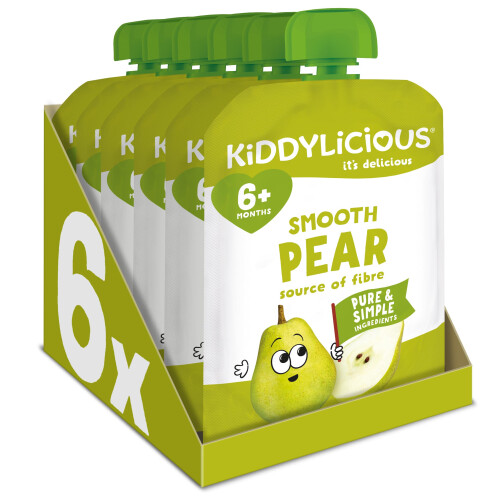 Kiddylicious Smooth Pear Fruit Pouches - Suitable for 6+ Months - 6 Pack