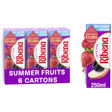 Ribena Summer Fruits No Added Sugar Cartons - Multipack 6x 250ml | Real Fruit | Rich In Vitamin C | No Artificial Colours or Flavours | Ready to Drink