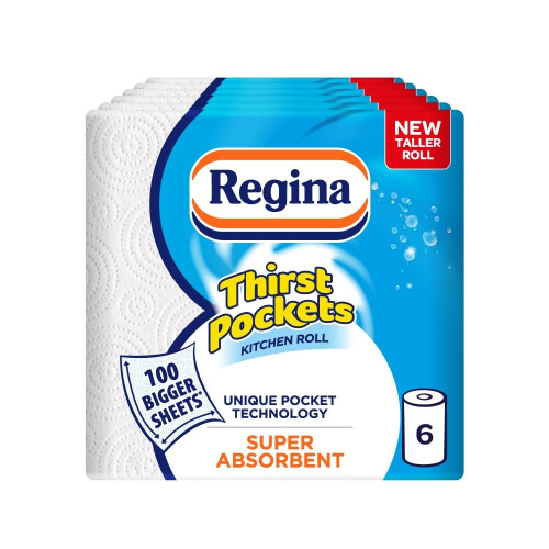 Regina Regina Thirst Pockets Kitchen Roll - 6 Rolls, 600 Super Absorbent Sheets, Unique