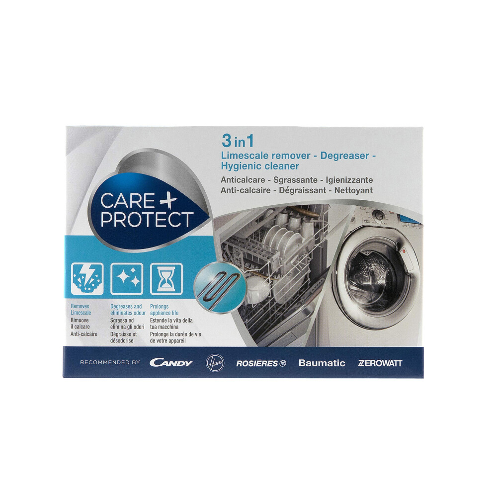 Care + Protect 3 In 1 Washing Machine/Dishwasher Cleaner, Limescale Remover, Degreaser, Hygienic Cleaner, Universal, 12 Sachets For 12 Months Supply