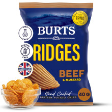 Burts Ridges Beef & Mustard Hand Cooked Burts Crisps - 20 x 40 g Multipack Box - Gluten Free, Hydrogenated Fat Free, Non-GMO - Beef and Mustard Ridge