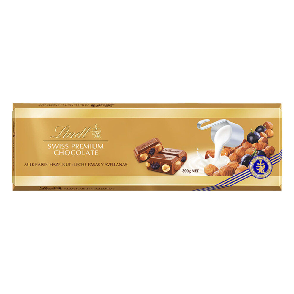 Lindt Swiss Milk Chocolate Hazelnut And Raisin Gold Bar 300 G