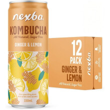 Nexba Ginger & Lemon Kombucha 330 ml Slim Cans (Pack of 12) – All Natural, Sugar Free & Healthy Probiotic Refreshment