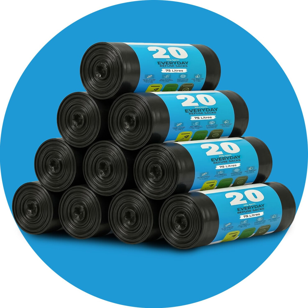 Roe Tenpo Black 200 Pack Bin Bags Â 75L, 30 Micron Refuse Sacks, Extra Strong, Eco-Friendly, Leak-Resistant Bin Liners - Perfect For Home, Office, D