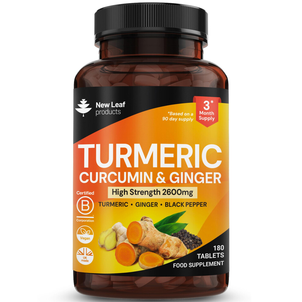 New Leaf Products Black Turmeric Tablets 2600Mg With Pepper & Ginger - 95% Curcumin Extract -180 Turmerics And Pepper Tablets (3 Months) High Strength Active Tur