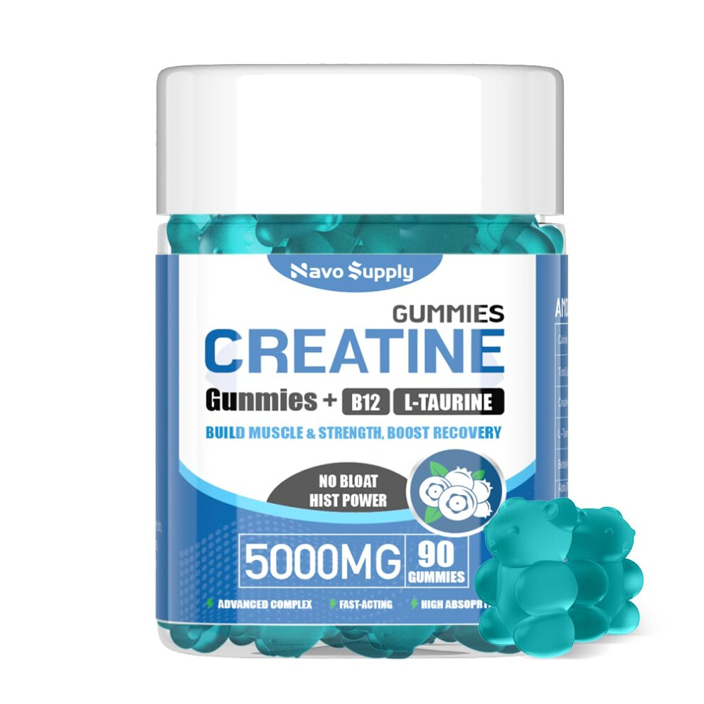 Navosupply Creatine Monohydrate 5000Mg Gummies - Sugar Free Muscle Support Supplement With Electrolytes & Vitamin D3 | Blueberry Flavour Chewable Cre