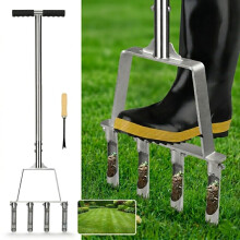 Lawn Aerator Stainless Steel, Manual Core Aerator with 4 Hollow Tines & T-Handle for Compacted Soil, Clay & Sandy Soil, Anti‑Clogging Weed Puller