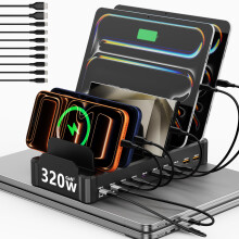 320W Charging Station for Multiple Devices with 10 Cables, 10-Port GaN USB Charger with Dual 65W PD Laptop Charging, 5 USB-C & 5 USB-A Dock for MacBo