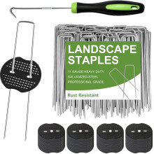 201Pcs Garden Stakes Kit,100Pcs Landscape Staples & 100Pcs Fixing Gaskets with 1Pc Pick Hook for Weed Barrier, Ground Cover, Fence, & Artificial Turf