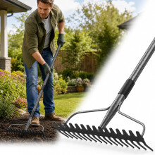 Bow Rake, Metal Rake with 17 Tines, Heavy Duty Garden Rake 195 cm with Stainless Steel Handle, Grey