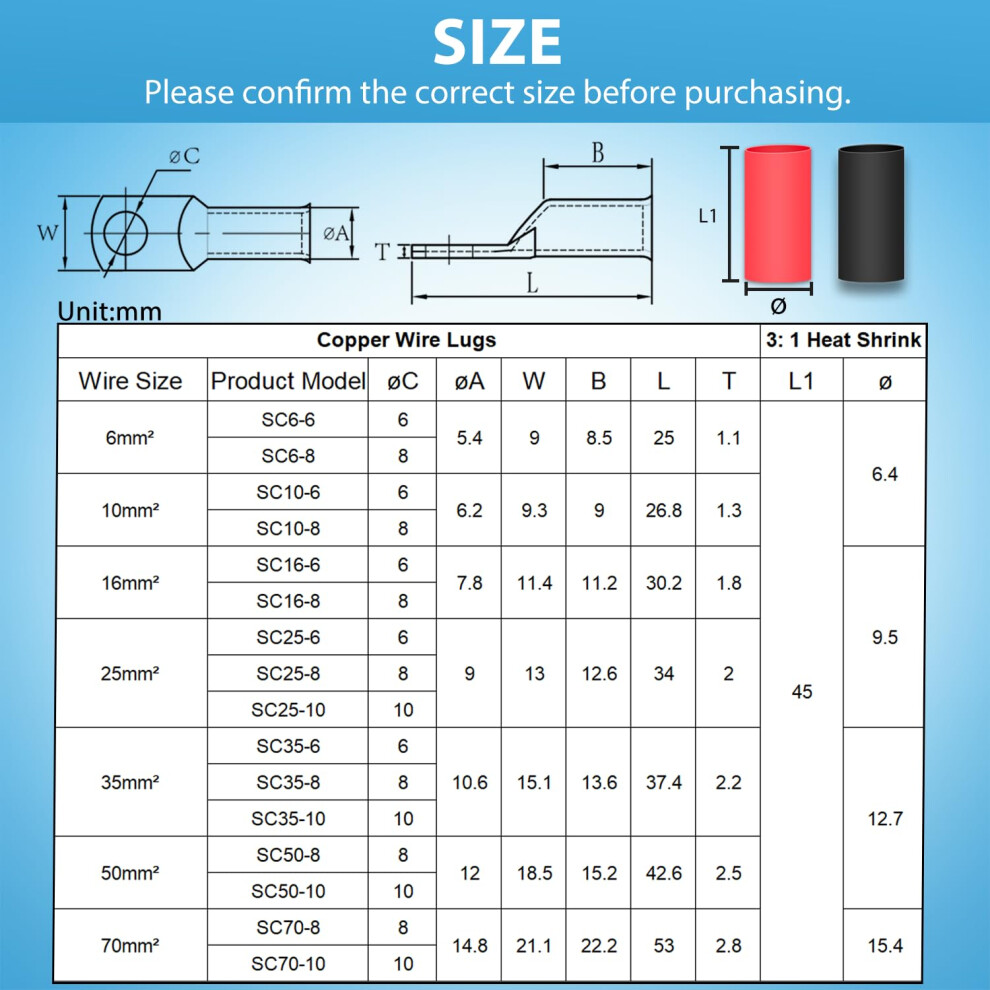 10X Cable Lugs 50Mmâ² M8 Thickened Copper Uninsulated Sc Crimp Lugs Bat 5001559642937