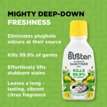 Buster Plughole Sanitiser Gel (Citrus - Pack of 3 x 300ml) Fast-Acting Sink and Drain Cleaner for Bad Smells and Stains, Kills 99.9% Germs on Drains