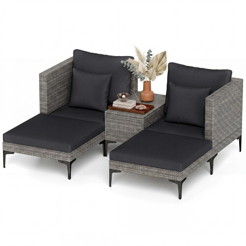 Costway 5-Piece Patio Conversation Set 2 Wicker Armchairs 2 Ottomans And Side Table