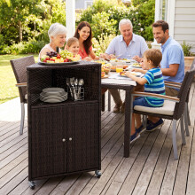 Outdoor Corner Storage Cabinet PE Rattan Bar Cart with Shelves 2 Doors