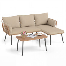 3 Pieces L-Shaped Patio Furniture Set Cushioned Sofa With Coffee Table Cushions