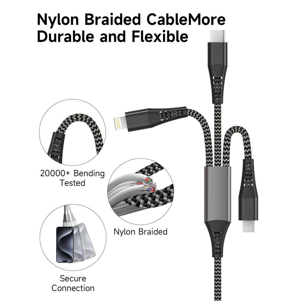 Usb C Multi Charger Cable 1.2M, 100W 3 In 1 Charging Cable Fast Charge With Pd Usb C/Micro/Lightning Cable Lead, Nylon Usbc Phone Multi Cable For Iph 5000538072505