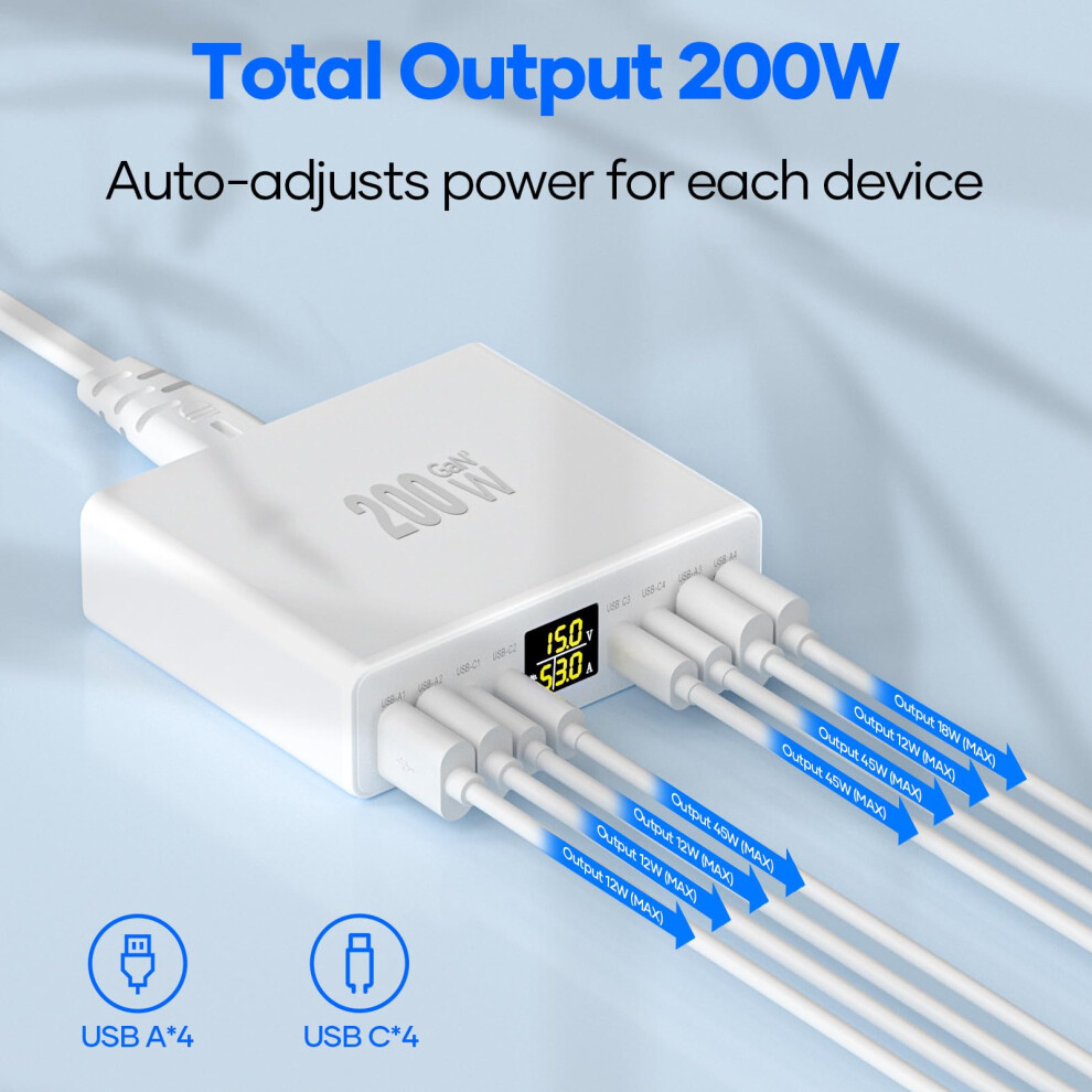 Ysyfad 200W Usb C Charger 8-Port With Led Display, Usb Charging Station Gan Multiport Fast Charger Pd Qc 3.0 Pps Usbc Charging Hub Compatible With Ip 5001605350229