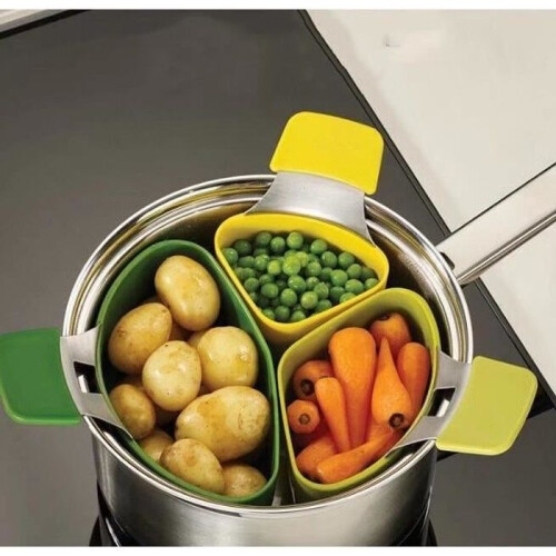 Steamer Basket - Kitchen Accessories - 3-Piece Silicone Set - For Cooking Vegetables
