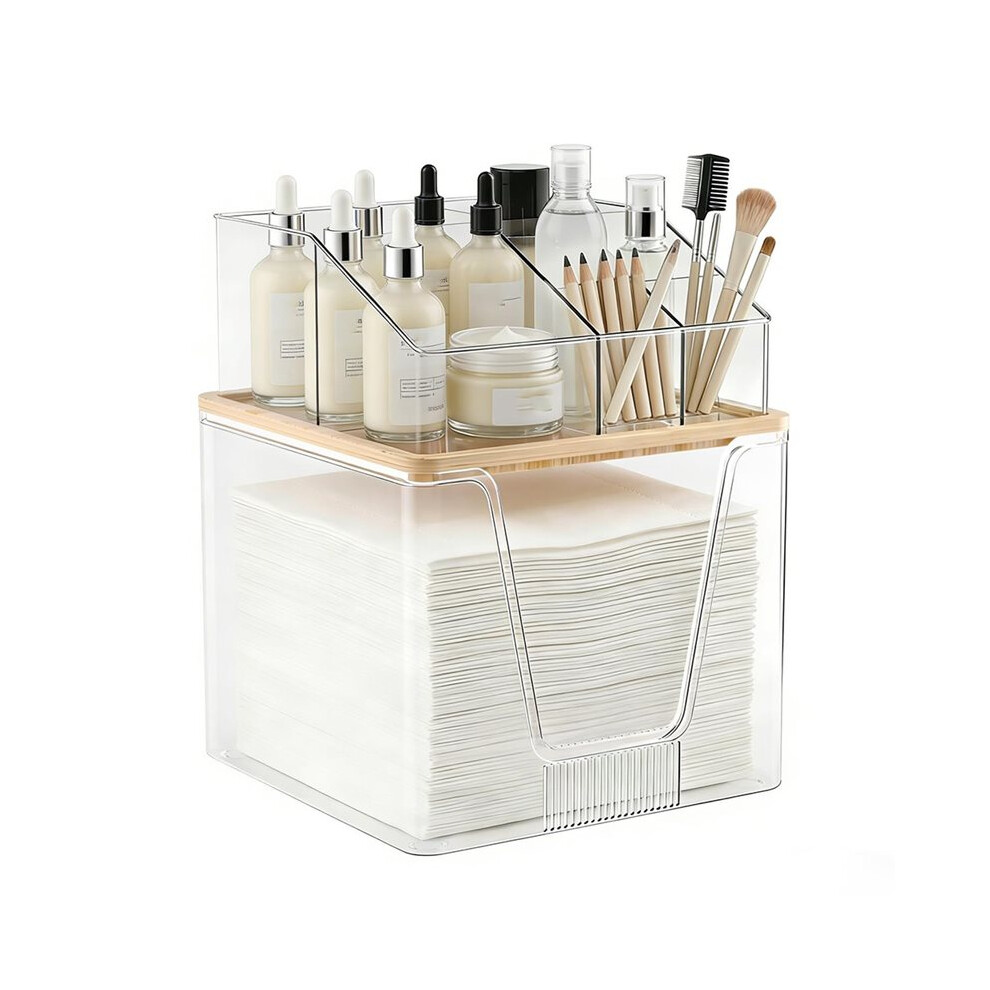 2 in 1 Facial Towel Holder and Cosmetic Organizer, Clear Storage with Bamboo Lid, Stackable 2 Tier Vanity Organizer