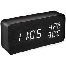 Artificial Wood LED Alarm Clock with Time, Date, and Temperature Display, Voice Control, and Adjustable Brightness