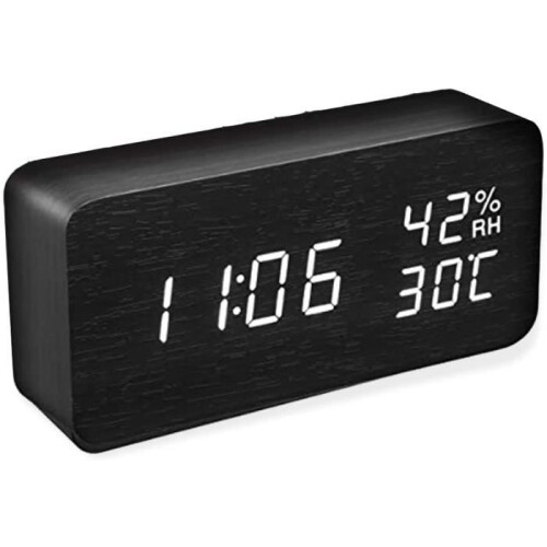 Artificial Wood LED Alarm Clock with Time, Date, and Temperature Display, Voice Control, and Adjustable Brightness