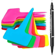 Pack of 100 T-shaped plant labels with a gel pen, 5 colors, waterproof plastic for garden plants