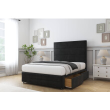 (2'6 Small Single, Black) Sloomy Monaco Plush Divan Bed Base 2 Drawers Right Side With 54" Floor Standing Headboard & 12" Matching Footboard