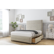 (4' Small Double, Cream) Sloomy Monaco Plush Divan Bed Base 2 Drawers Left Side With 54" Floor Standing Headboard & 12" Matching Footboard