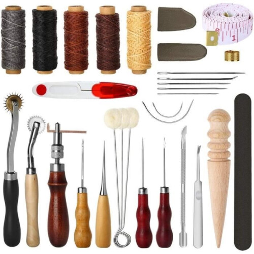 31-piece leather sewing tool set with awl and waxed thread, thimble set