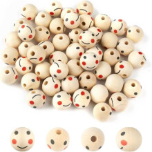 Set of 50 round wooden beads with smiling doll heads, 20mm in diameter with 5mm holes, for DIY projects, bracelets, macrame, necklaces