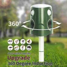 Solar Mole Repellent Ultrasonic Outdoor Pest Bird Squirrel Animal Repeller IP66 Waterproof 360 Degree PIR Sensor Auto Motion Detection with Flash LED