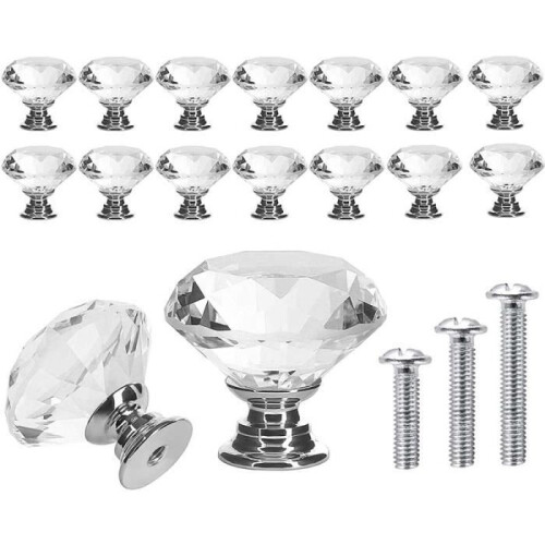 16PCS Crystal Furniture Knobs, Cabinet Door Knobs, Drawer Knobs, Clear Crystal Glass Diamond
