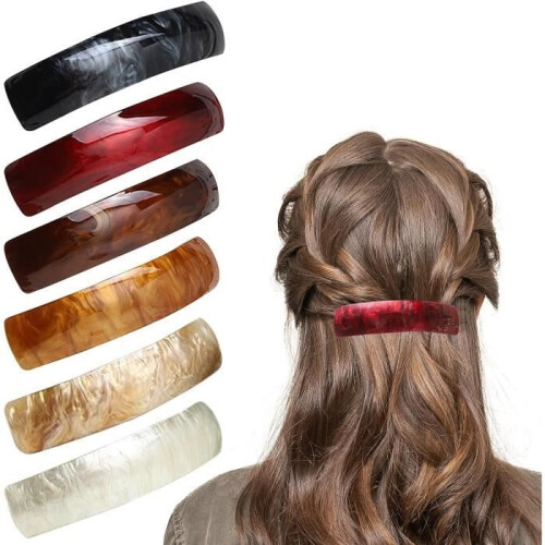 Hair Clips - 6 Pcs - Large Automatic Barrettes - Rectangular - 6 Assorted Colors
