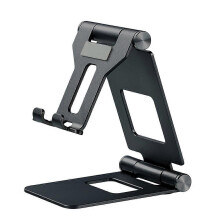 Opvouwbare telefoon- en tablethouder van aluminiumlegering, draagbare metalen houder voor op het bureau, zwart