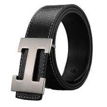 Ceinture pour homme en cuir PU véritable, boucle lisse en H, grain litchi, style business et décontracté, 63,5-66 cm (25-26 pouces)