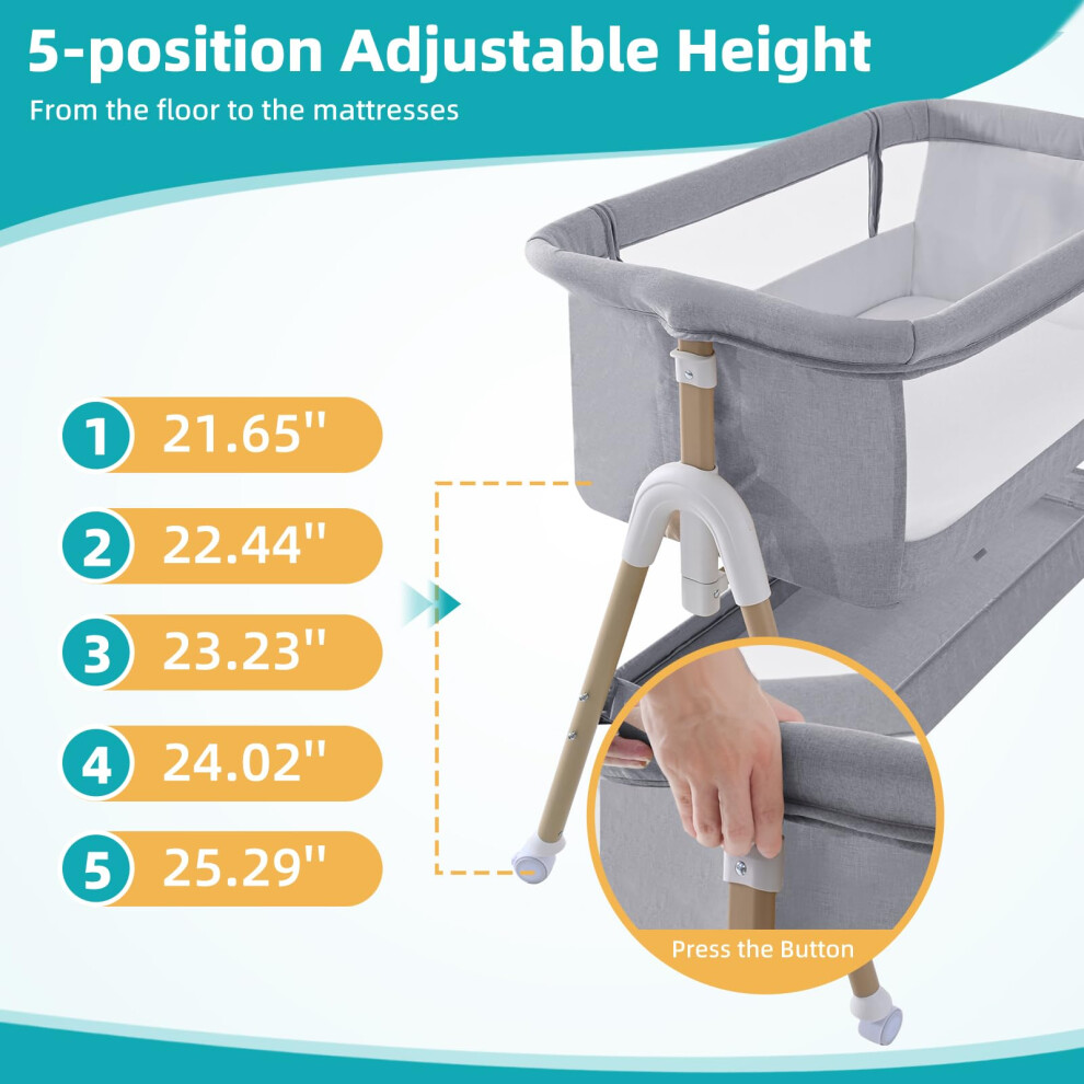 Cozydwells 3 In 1 Baby Beside Crib For Babies From Birth To 9Kg, Portable Baby Cot Bed Travel Baby Bassinet Bedside Crib Adjustable Height & Incline 4 Lockable