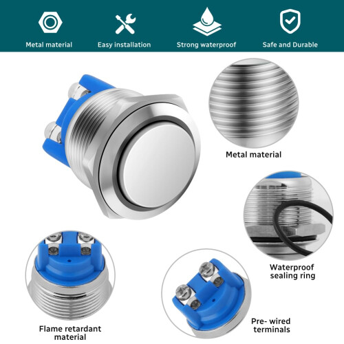 HOTUT 4 Pieces 19 mm Momentary Push Button Switch, Waterproof Push Button Switch, Push Button Switch, Round Push Button Switch, Momentary Mini Push B 2