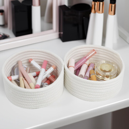 3 Pack Small Woven Cotton Rope Gift Baskets for Organizing, White 2