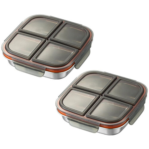 Lot de 2 Boîtes à Goûter en Acier Inoxydable avec Couvercles Hermétiques, 4 Compartiments 1
