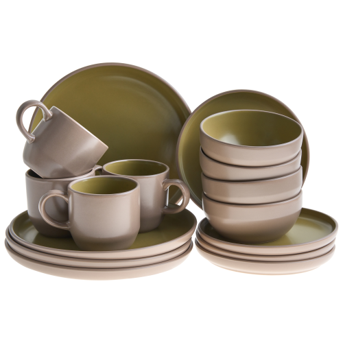Beliani Set of 16 Dinnerware NUTMEG Stoneware Beige/ Green