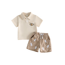 (12-18 Months, Khaki) Toddler Boys Summer Outfit Football Embroidery Short Sleeve Lapel T-Shirt and Plaid Shorts 2 Pcs Summer Set