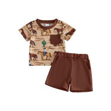 (6-12 Months, Brown) Toddler Baby Boys Western Outfit Summer Fashion Short Sleeve Horse Print Tops with Shorts 2Pcs Set