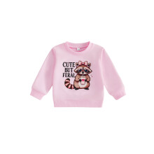 (5-6 Years, Pink) Little Girl Pullover Sweatshirt Cute Raccoon Letters Print Crew Neck Long Sleeve Fall Tops