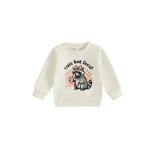 (12-18 Months, Beige) Little Girl Pullover Sweatshirt Cute Raccoon Letters Print Crew Neck Long Sleeve Fall Tops