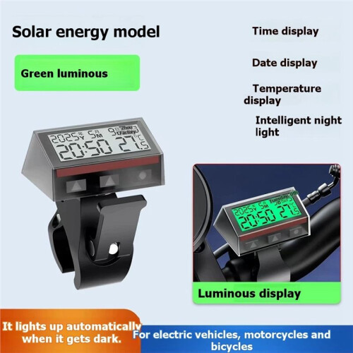 Motorcycle Ebike Solar Power Clock with Date Week Temperature LCD Backlit Display Waterproof Thermometer with Stand C 2