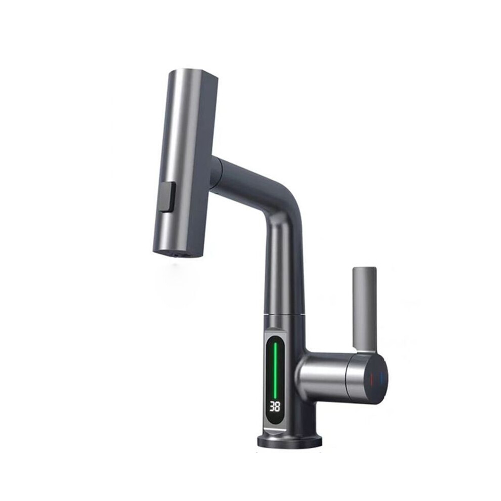 Waterfall Basin Faucet Pull-Out Kitchen & Bathroom Faucet Rainfall Temperature Digital Display No Battery Gunmetal Color 6034004583713