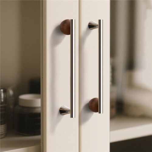 Brass Cabinet Handles with Walnut Wood  - Modern Chrome Wardrobe Pulls 2