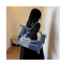 (blue) Spacious Beach Tote with Handmade Tassels, Stylish Denim Bag Featuring Trendy Prints