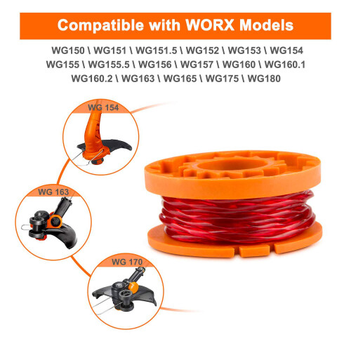 Worx Strimmer Grass Trimmer Spool Replacement - Line & 4 Pcs Spool Caps, Orange 2