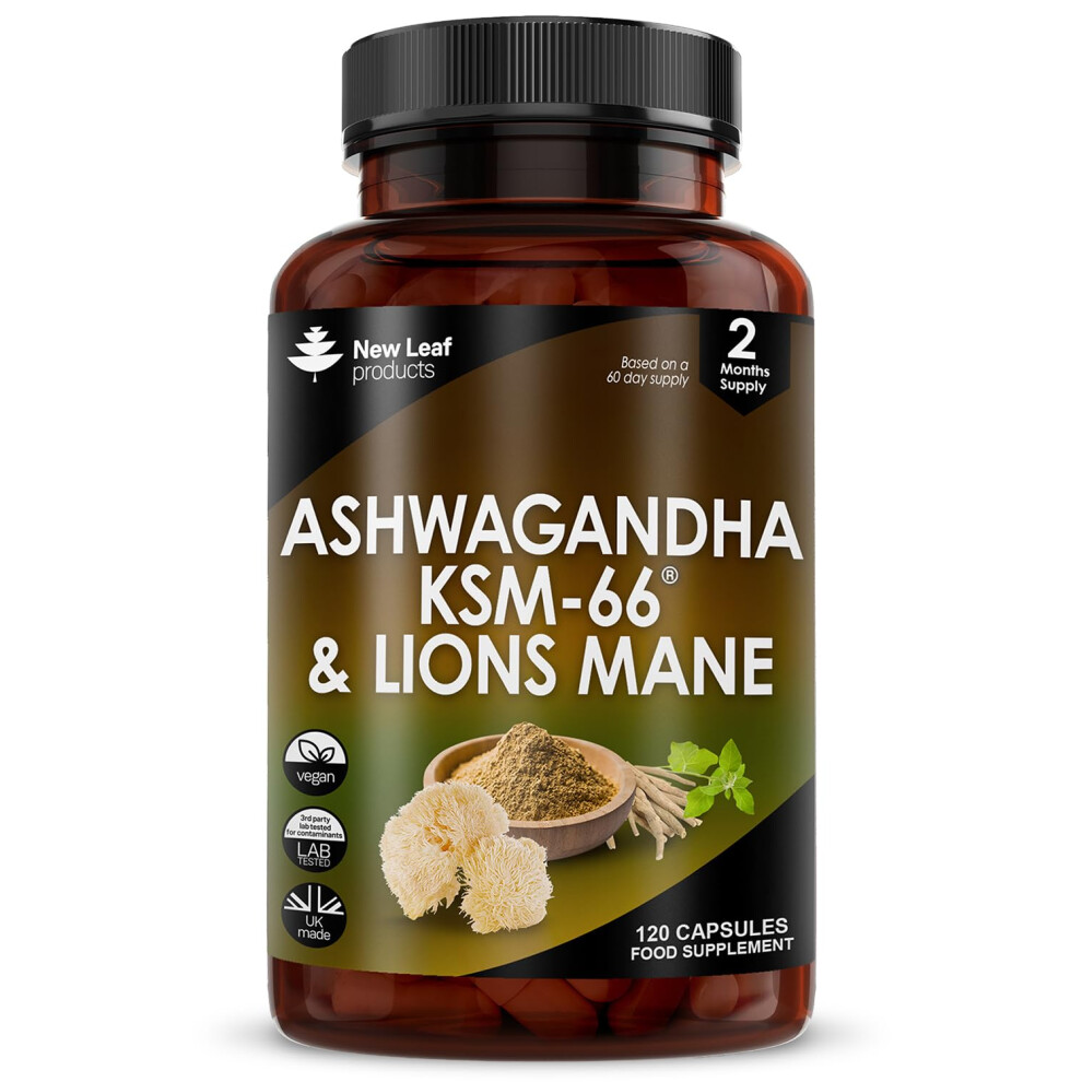 New Leaf Products Ashwagandha Ksm-66 And Lions Mane Capsules - High Strength 2000Mg Ksm-66 Ashwaghandha Root Extract And Lions Mane Mushroom Extract - 120 Vegan Capsul